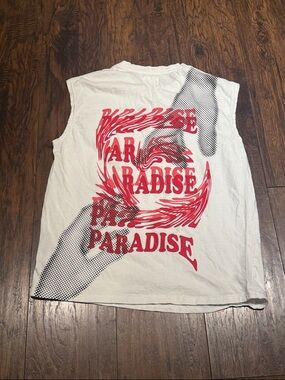 Essentials White Sleeveless Tee with Red 'Paradise' Logo